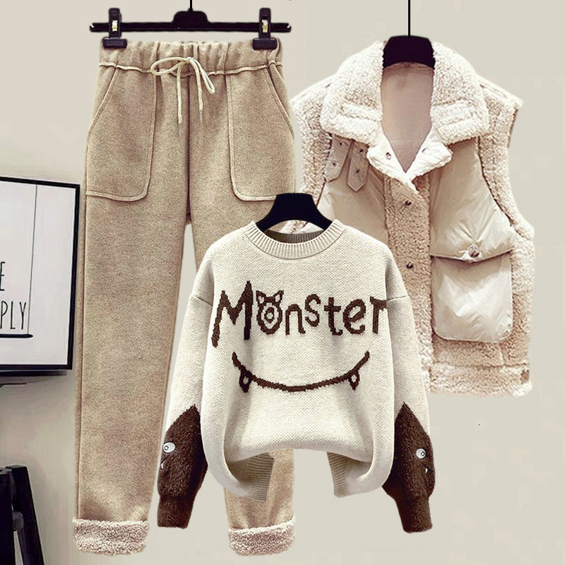 

Women s Two Piece Pants Winter Tracksuit Monster Letter Printed Knitted Pullover Sweater Lamb Wool Vest Casual Suit 3 Set 221206, One khaki pants