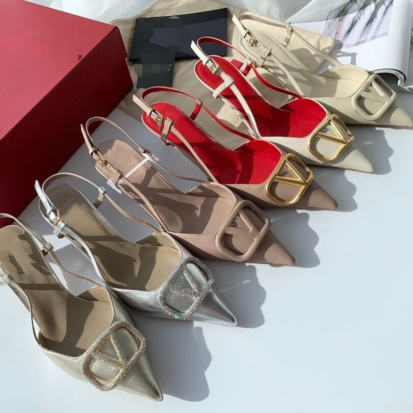 

Classics Brand Women Sandals High Heels Pointed Shoes Shiny Rhinestone Metal Square V Buckle Black Matte Genuine Leather Women's Red Wedding Shoes with Box 34-44