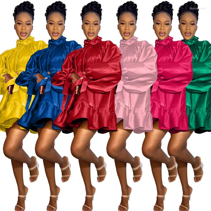 

Casual Dresses Ladies Bow Lantern Sleeve Beaded Turtleneck Loose Lotus Leaf Dress Autumn And Winter Street Fashion Cute, Blue