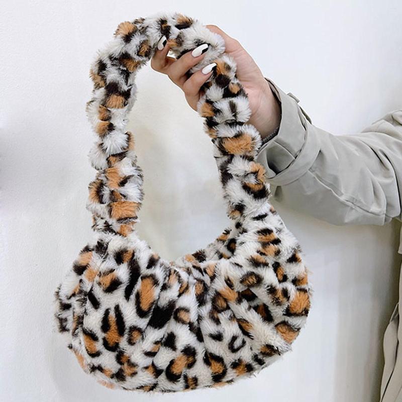 

Waist Bags Kawaii Ladies Fashion Leopard Print Cow Tote Bag Plush Large Shoulder Zipper Harajuku Full Capacity, Black
