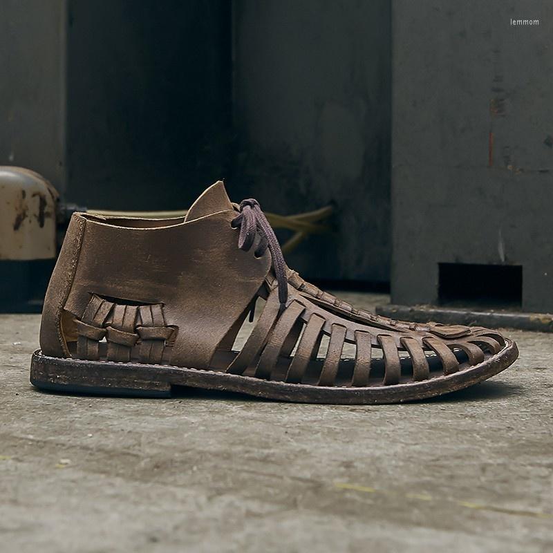 

Sandals Brand Italian Vintage Mens Luxury Cow Genuine Leather Handmade Hollow Out High Top Gladiator Close Toe Lace Up, As photo