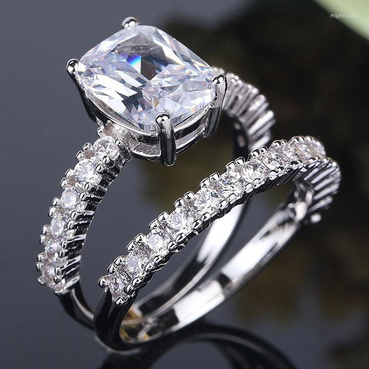 

Wedding Rings Classic Women Ring Set For Fashion Silver Color White Glass Filled Engagement Party Jewelry