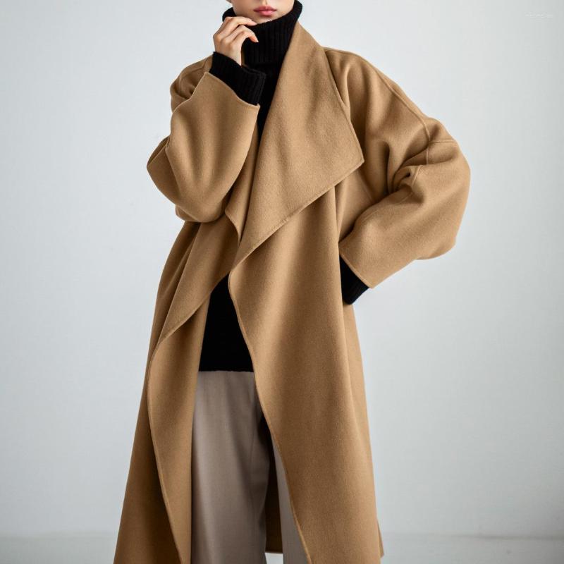 

Women' Wool 22 Winter Women' Woolen Coat East Gate Temperament Long Lapel Double Sided Hand Sewn Cashmere Women, Beige