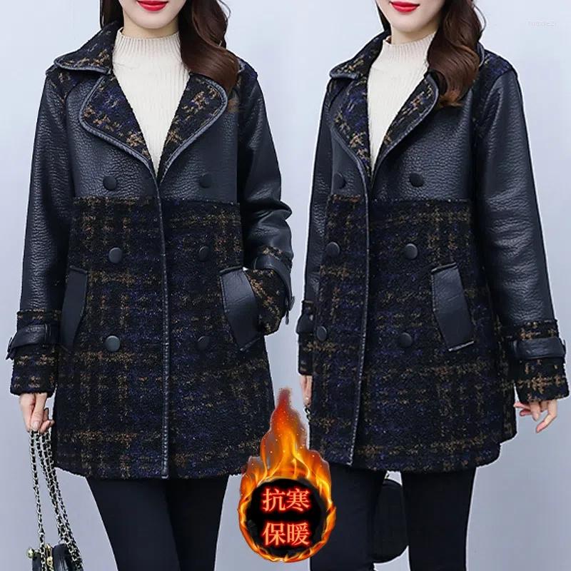 

Women's Fur 2022 Fashion Pu Leather Jacket Women Winter Together Splicing Plaid Velvet Thicken Warm Coat Sheepskin Coats E91, Black