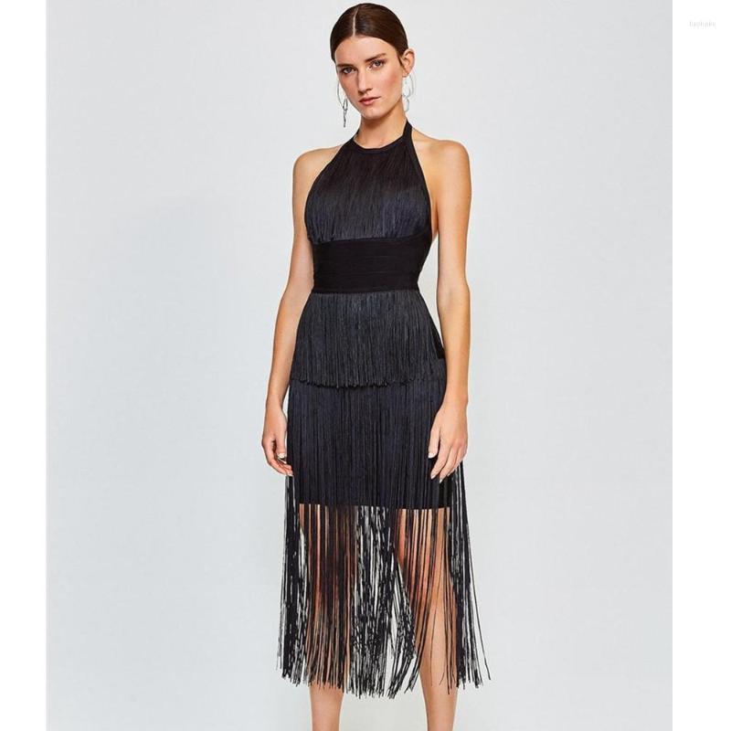 

Casual Dresses Women Summer Sexy Backless Halter Black Orange Tassel Midi Bodycon Bandage Dress 2022 Elegant Designer Evening Party Club