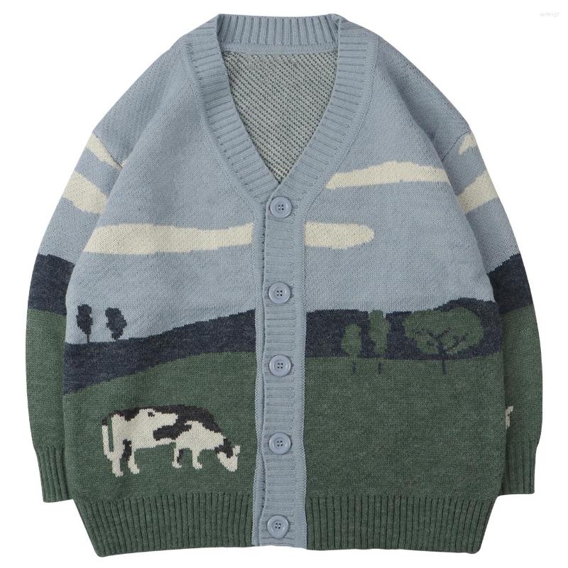 

Men' Sweaters Harajuku Vintage Prairie Cow Pattern Knit Cardigan Sweater Streetwear Casual Knitted Jacket Knitwear, Gray
