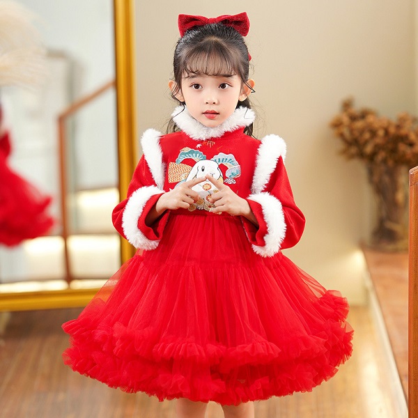 

Girls pure red festive new year dress short-style puffy Chinese wind plus velvet thickened plush cute princess skirt rabbit design feeling long-sleeved dress winter