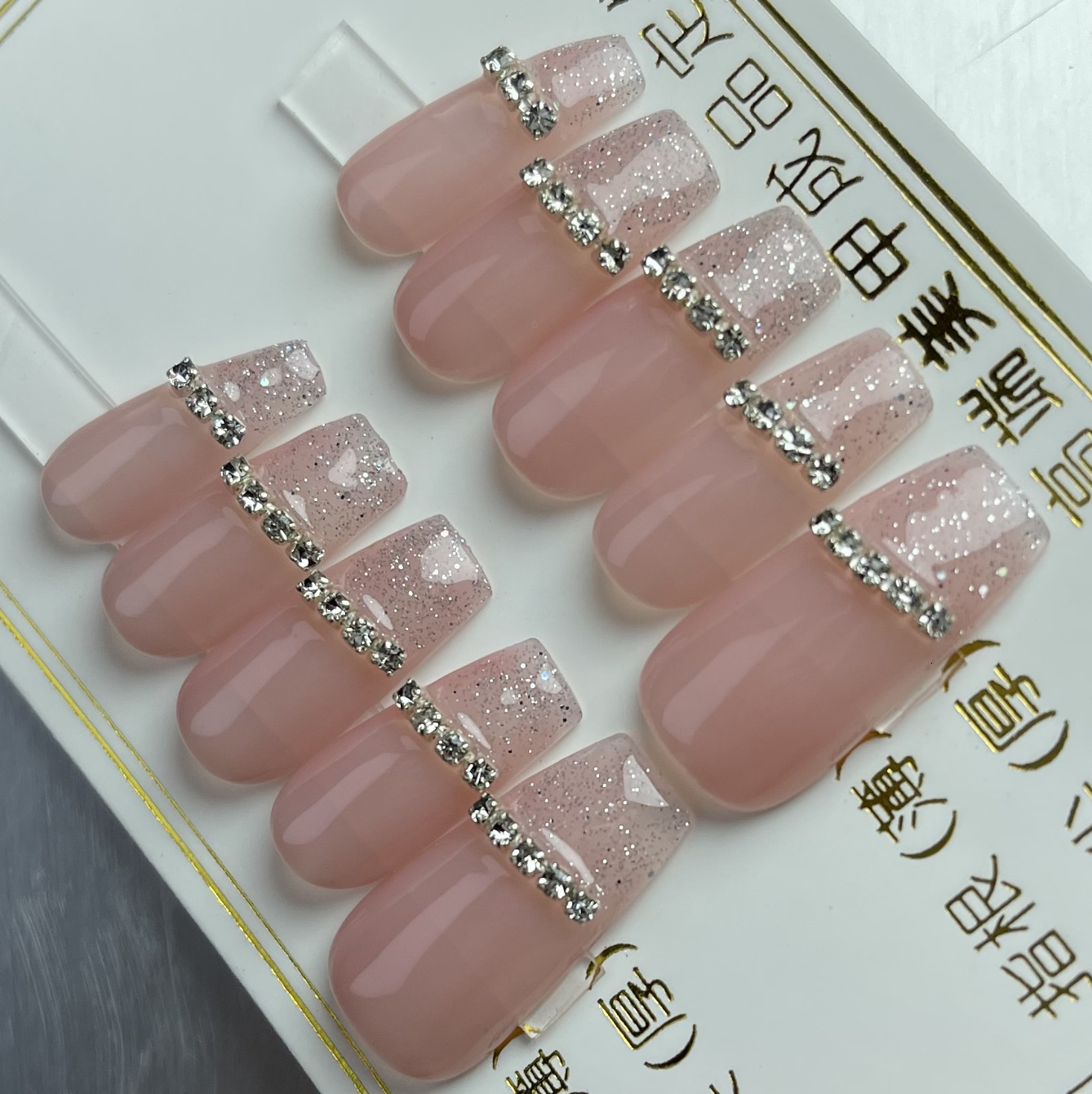 

Nail Practice Display Handmade Squarehead Jelly Long Fake Nail Girl French Crystal Solid Pink Design With Glue Glitter Nail Art Press on Tip 1Set10pc 221206