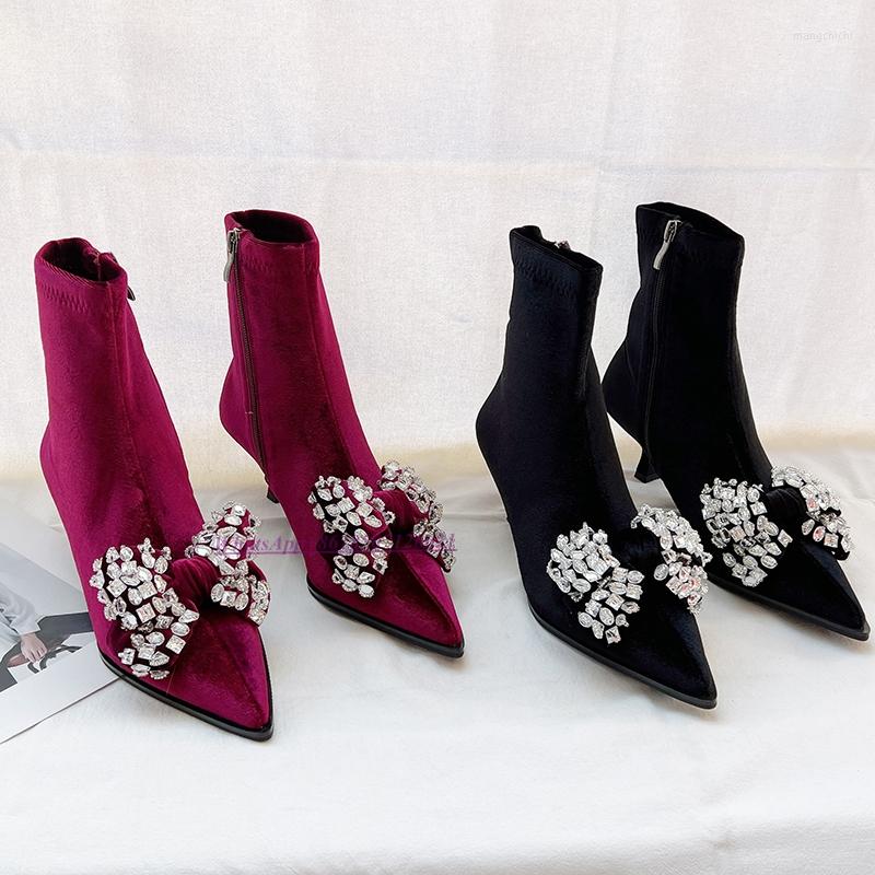 

Boots Pointed Toe Velvet Side Zip Short Women's Rhinestone Bow Stiletto Medium Heel Nude, Picture shown