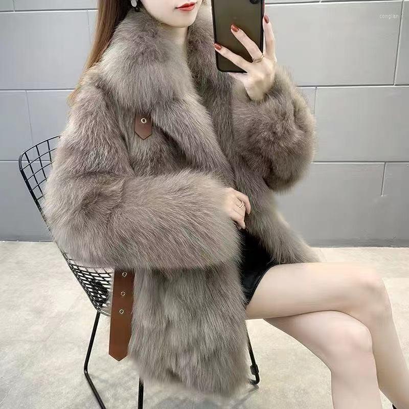 

Women' Fur Winter Fashion Coat Women Korean Mid-Length Plush Pocket Imitated Mink Hair Warm Jacket Ladies Loose Outerwear H2614, White