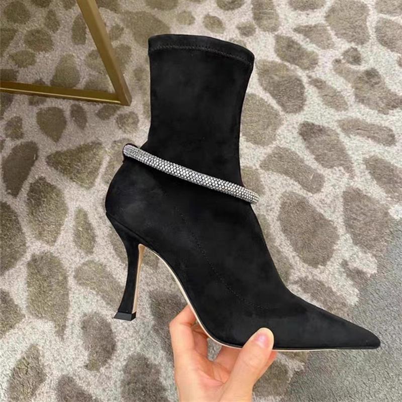 

Boots Autumn And Winter Plus Velvet Black All-match Rhinestone Pointed High-heeled Ankle Sexy Thin Thin-heeled Elastic