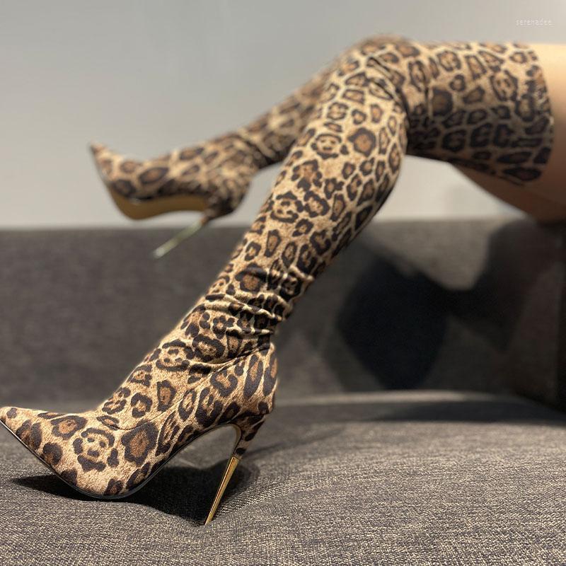 

Boots Leopard Print Over-The-Knee Women's High Heel 2022 Spring And Autumn Suede High-Heeled Iron Root Floral Elastic Boot, As photo