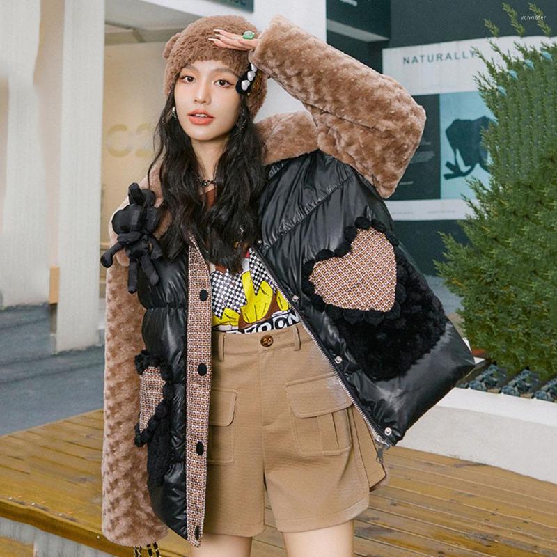 

Women' Fur Winter Down Jacket Women Parka 2022 Fashion FakeTwo Piece Artificial Wool Splice Coats For Woman Elegant Puffer Overcoats, Photo color