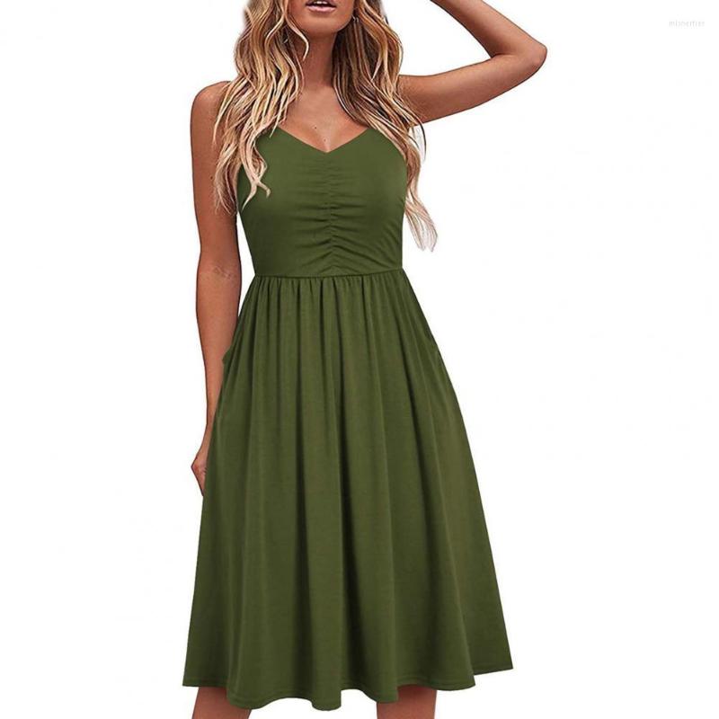 

Casual Dresses Summer Women V Neck Sexy Ruffled Dress Low Pleated Mid-Length Ladies Sleeveless Shirring Dating Leisure Daily, Army green