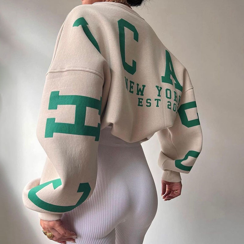 

Women' Hoodies Sweatshirts Fashion Letter Print Women Winter Thick Fleece O Neck Loose Casual Long Sleeve Streetwear Lady Pullover 221206, Light green