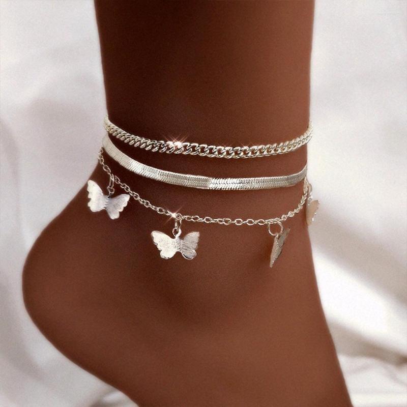 

Anklets Trendy Multilayer Cute Butterfly Sets For Women Gold Silver Color Metal Anklet Bracelet Chain Summer Beach Foot Jewelry
