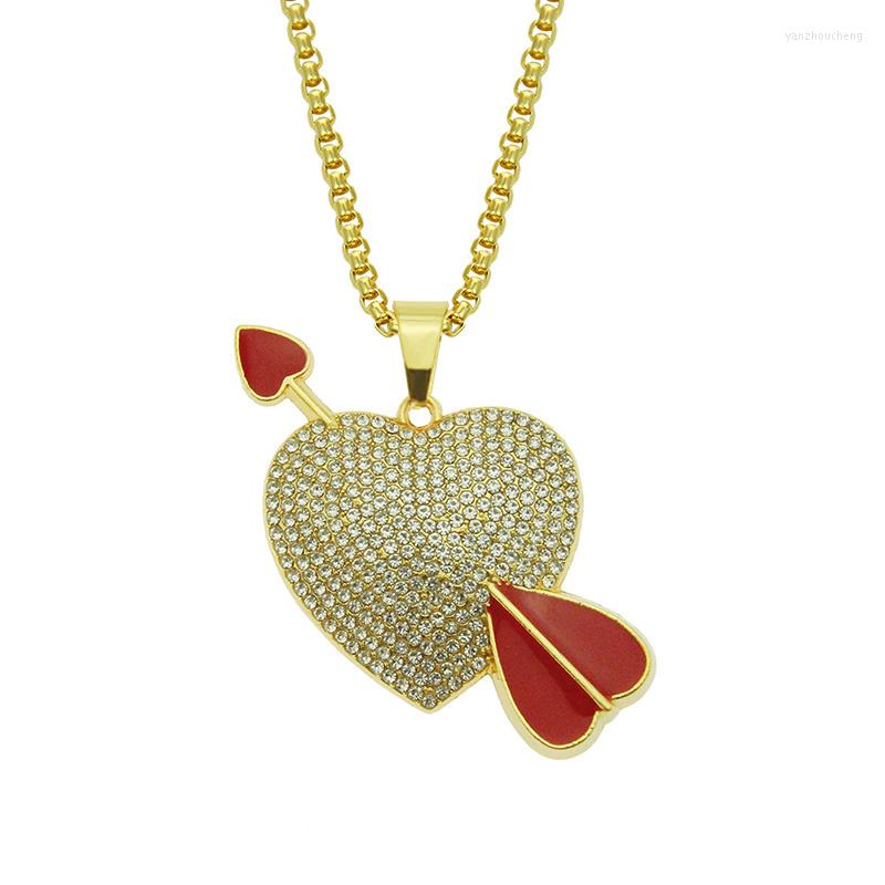 

Pendant Necklaces Hip Hop Rhinestones Paved Bling Iced Out Cupid Arrow Heart Pendants Necklace For Men Rapper Jewelry Drop