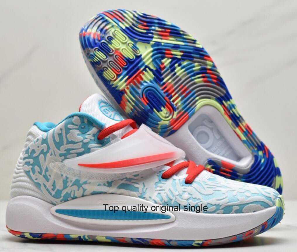 

KD 14 Mens Basketball Shoes 14s Cyber Black White Copa-Melon Tint Ky-D Sunset Deep Royal Blue Pale Coral-Coconut Milk purple Yellow womens, 08