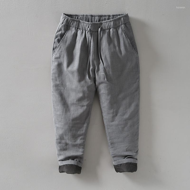 

Men's Pants Cotton Linen Men Comfortable Thicken Winter Cozy Fashion Elastic Waist Retro Loose Casual Warm Fleece Ramie Padded Trouser, L8233 blue