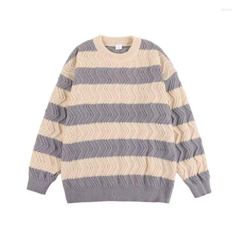 

Men's Sweaters Autumn Winter Oversize Vintage Knit Shirt Contrast Color Wave Pattern Round Neck Sweater Warm Stripe Pullovers All-match, Black