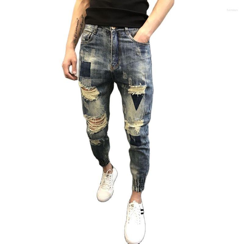 

Men's Pants Wholesale 2022 Fashion Cargo Slim Men's Trousers Summer Jeans Bunch Feet Hole Ankle Length Wild Denim Men, Blue