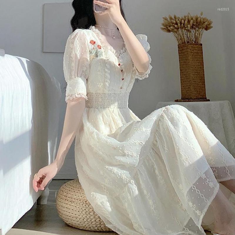 

Casual Dresses Vintage Lace Fairy Midi Dress Women 2022 Summer French Floral Elegant Party Princess Ladies One-piece Korean, Long lace dress