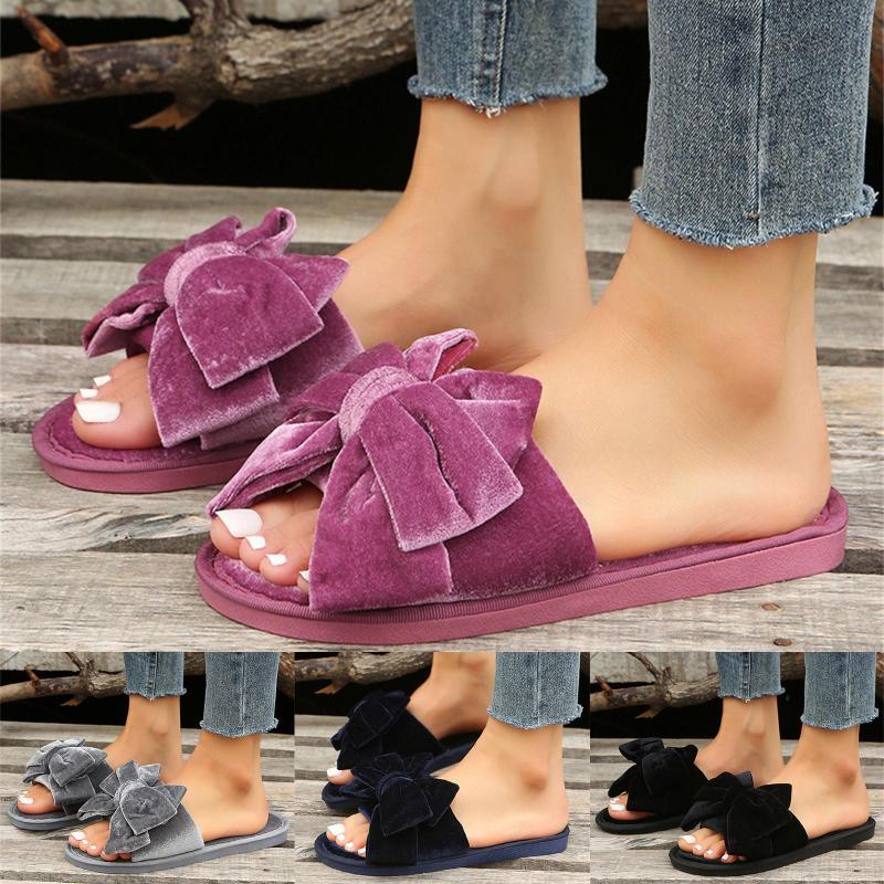 

Slippers For Women Indoor And Outdoor Solid Color Bow Knot Warm Flat Casual Cotton Winter Shoes Woman Slipper, Black