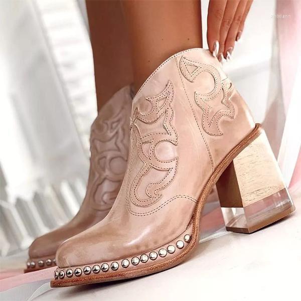 

Boots Fashion Design Rhinestone Round Toe Square Heel High Leather Women Ankle Women's Shoes, As photo
