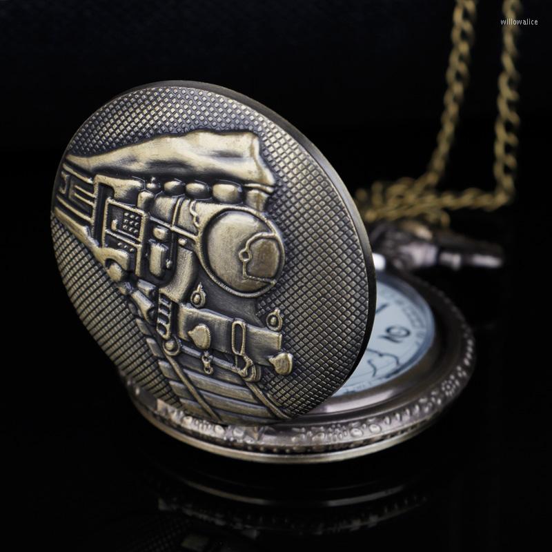 

Pocket Watches Embossed Running Steam Train Watch Bronze Metal Dress Casual Men Women Fob Antique Fashion Colock With Chain