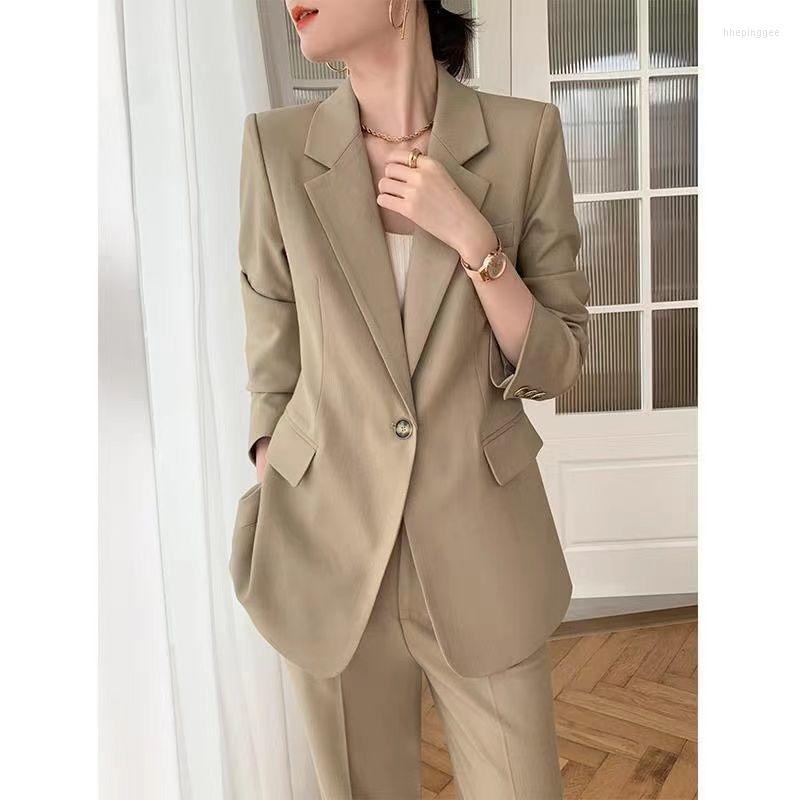 

Women's Two Piece Pants Women's Spring Autumn Solid Blazers Long Set Korean Office Lady Graceful Suit Jacket Straight Trouser Outfits, Beige