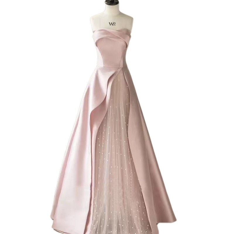 Sexy pink Evening Dresses Mermaid Puffy Long Sleeves Split Satin Formal Party Prom Gowns Pleats 2022 Designer Celebrity Dress-image-825781916