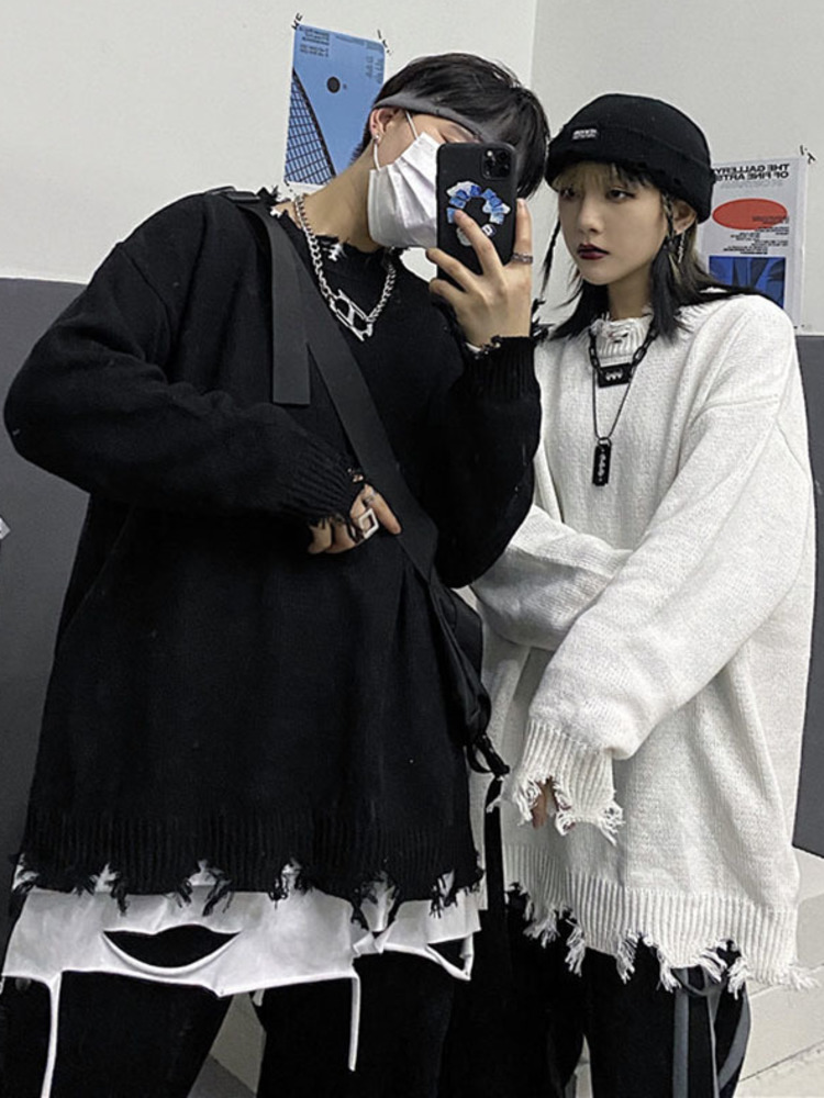 

Men's Sweaters PFNW Torn Sweater Hip Hop Dark Style Streetwear Solid Hollow Out Rotten Edge O-neck Pullover Autumn Casual Tops Male 221206, White