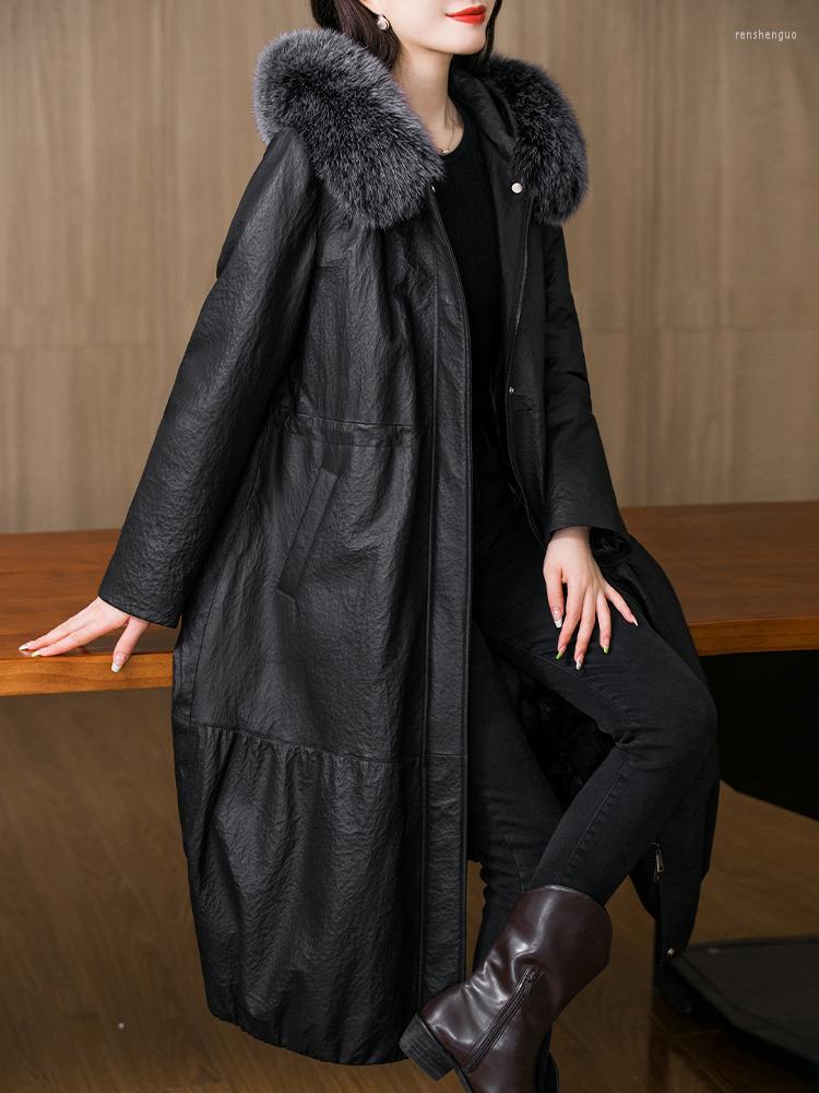 

Women's Leather Winter 2022 Collar Fur Coat Sheepskin Down Women's Hooded, Black