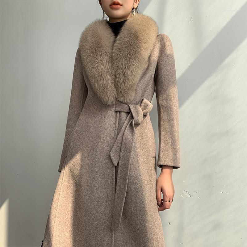 

Women' Wool Super Collar 2022 Double Sided Cashmere Coat Women' Slim Fit Waist Long Woolen, Elegant grey coffee