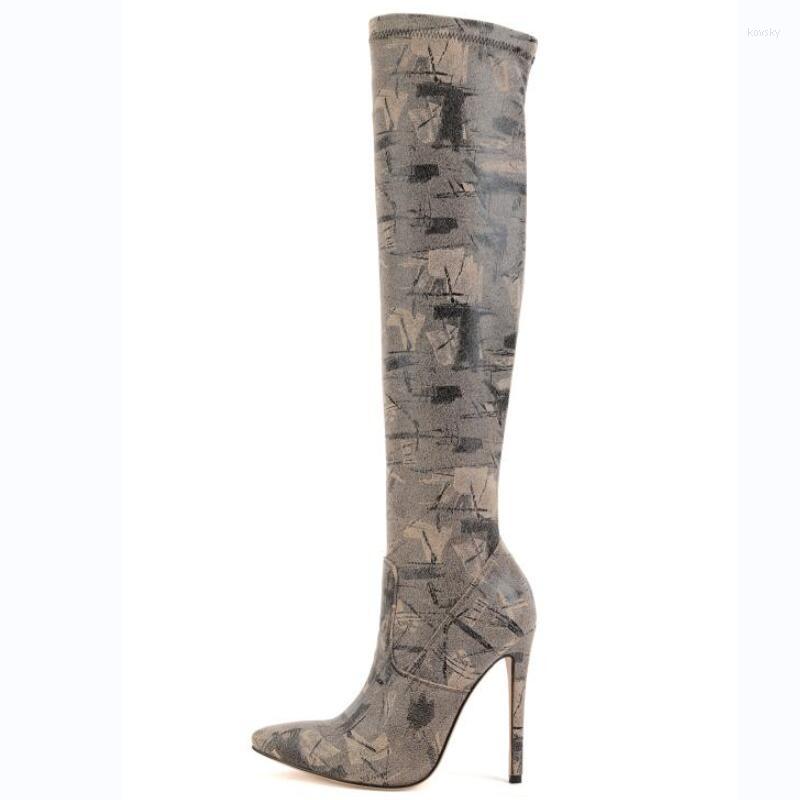 

Boots Big Size 45 Women's Fashion Over The Knee Elastic Sexy Thin High Heel Pointed Toe Camouflage Print Party Shoes Autumn, Beige