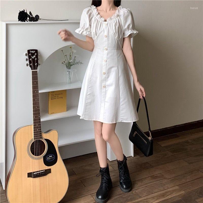 

Casual Dresses Solid Summer White Dress Women Ruffles Design Office Lady Chiffon Mini Female Party Korean One-piece 2022, Blue mini dress