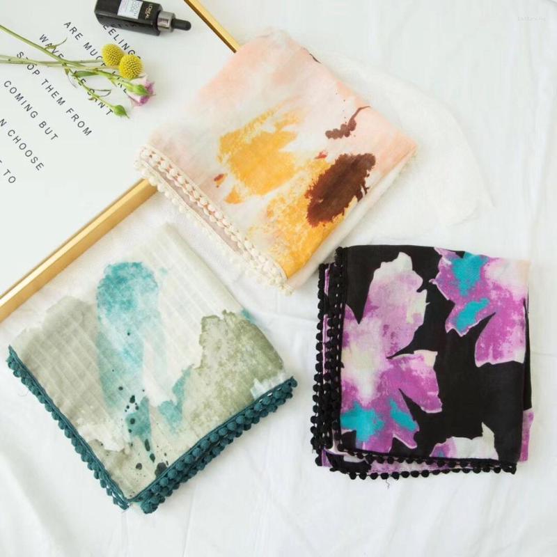 

Scarves Fashion Pom Scarf British Style Muslim Hijab Flower Print Shawls And Viscose Head Wrap
