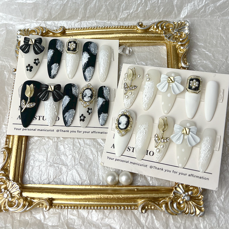 

Nail Practice Display Classical Rose Bowknot Design Handmade Fake Nail With Glue Reusable Long Stiletto False Nails Tips Franch Style Press On Nail 221206