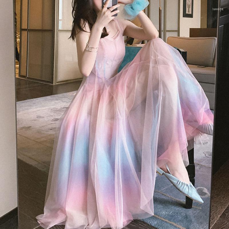 

Casual Dresses Elegant Rainbow Strap Dress Women Korean Sleeveless Long Y2k Femme Party Kawaii Summer Women' Clothing 2022