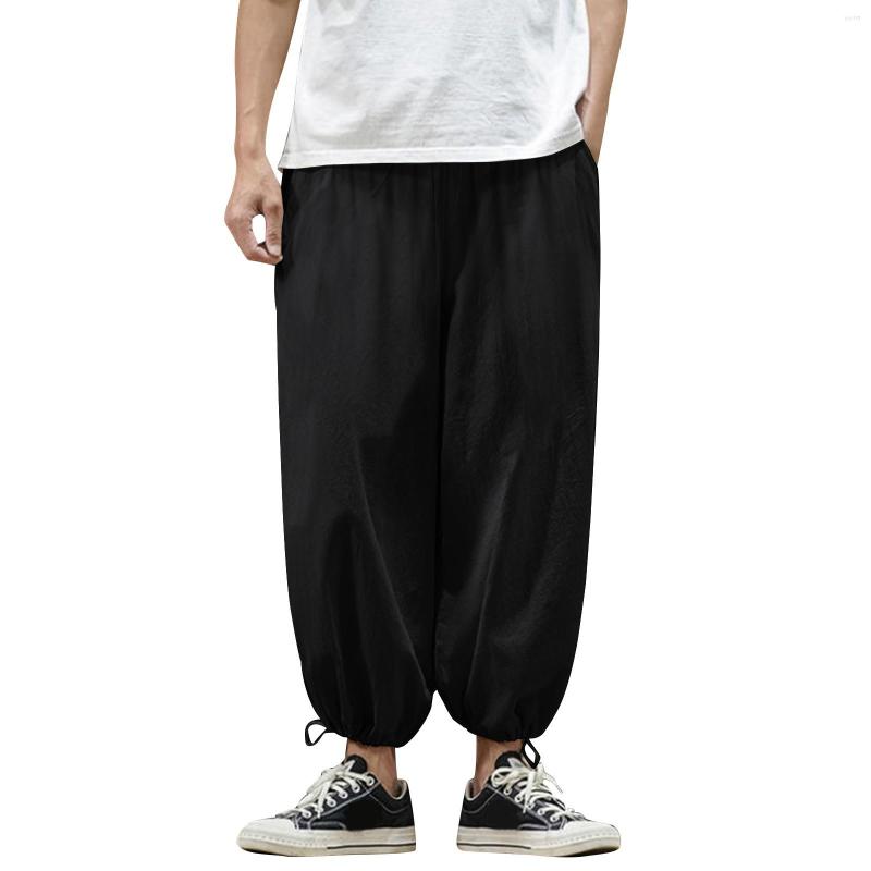 

Men's Pants Mens Fashion Casual Solid Color Cotton And Linen Lace Up Bloomers, Light blue