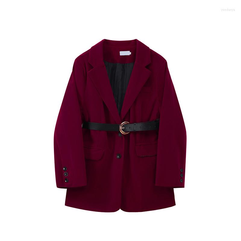 

Women' Suits Vintage Autumn Blazer With Belt Women Notched Collar Long Sleeve Korean Chic Jackets Casual Female Single Breasted Outerwears, Claret