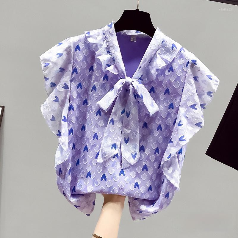 

Women' Blouses And Shirts Women Summer Short Sleeve Chiffon Blusas Purple Floral Lotus Leaf Lace-up Colloar Chic Lady Tops All-Match
