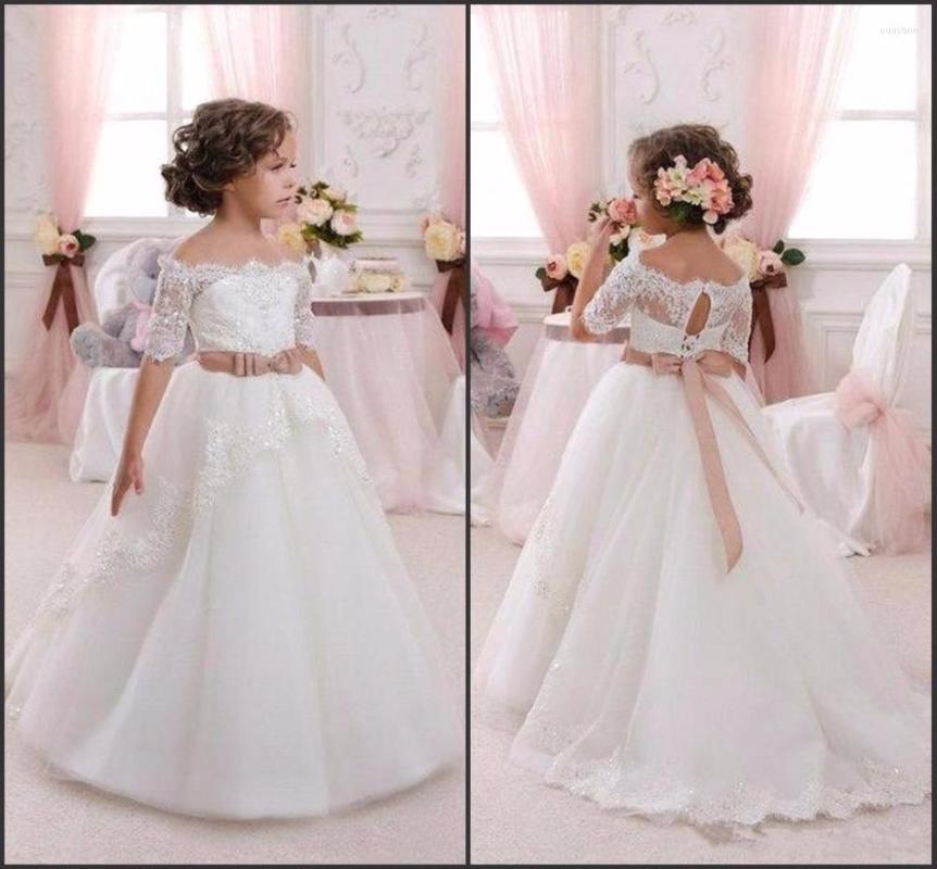

Girl Dresses Customize Off Shoulder Flower For Wedding Vintage Lace With Coral Bow Belt Princess Lace-Up Kids Communion Dress, White