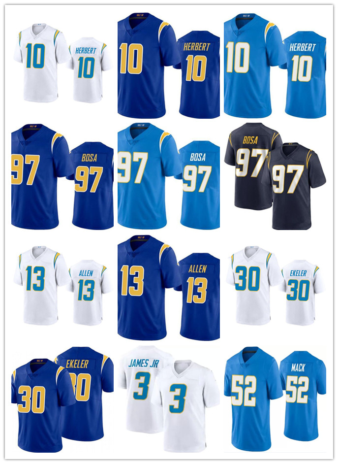 

2323 Mens Football Jersey 10 Justin Herbert 52 Khalil Mack 13 Keenan Allen 97 Joey Bosa 30 Austin Ekeler 27 J.C. Jackson 3 Derwin James Jr Stitched jerseys, 2023