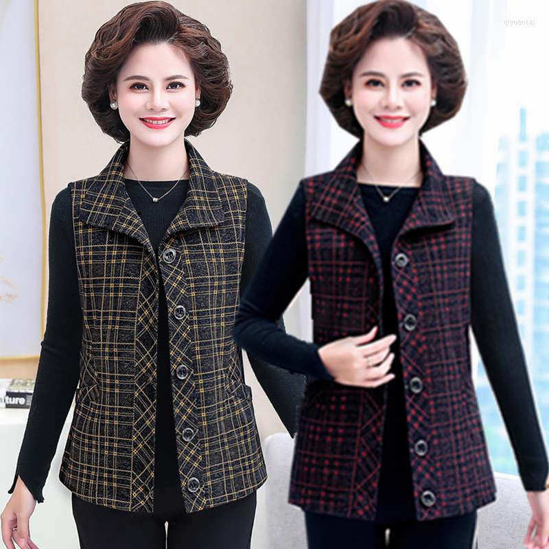 

Women's Vests Middle-Aged Elderly Women's Vest Spring Autumn Sleeveless Coat Single-Breasted Plaid Casual Jacket Mother Dress Plus Size, Red