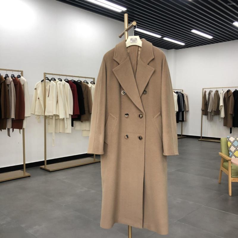 

Women's Wool 101801 Cashmere Coat Women's Medium Long Classic Double Row Button Cotton, Black