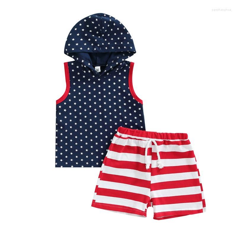

Clothing Sets Little Boys 2PCS Pants Suit Star Sleeveless Hooded T-Shirt Striped Straps Short Summer Independence Day Outfits, Picture shown