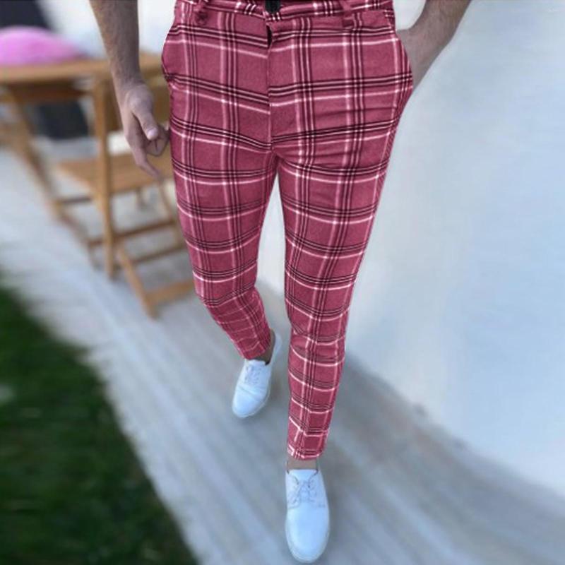 

Men's Pants Men Casual Plaid Printed Mid Waist Fit Stretch Dress Pencil Long, Wine