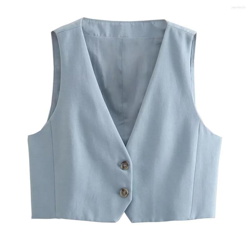 

Women's Vests Maxdutti England Style Fashion Vest Sky Blue Solid Single Breasted Short TankTops Casual Linen Women