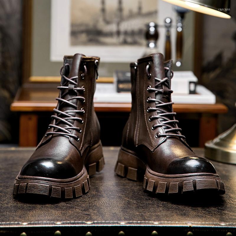 

Boots US 6-10 Trendy Men Retro Mid-calf Punk Boy Lace-up Motorcycle Thick Heel Male Autumn Winter Shoes, Black